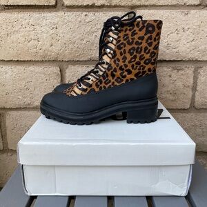 New Schutz Leopard Print Mafalda Calf Hair Leather Booties Size 9​​​​​